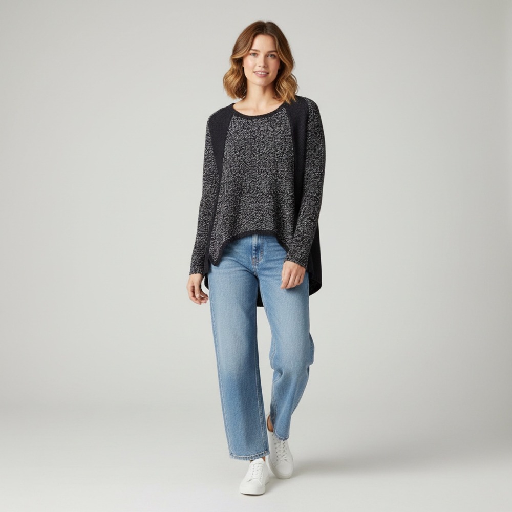 Quinn Navy White Marled High Low Sweater L Minimalist Cozy Raglan Knit Top Norm